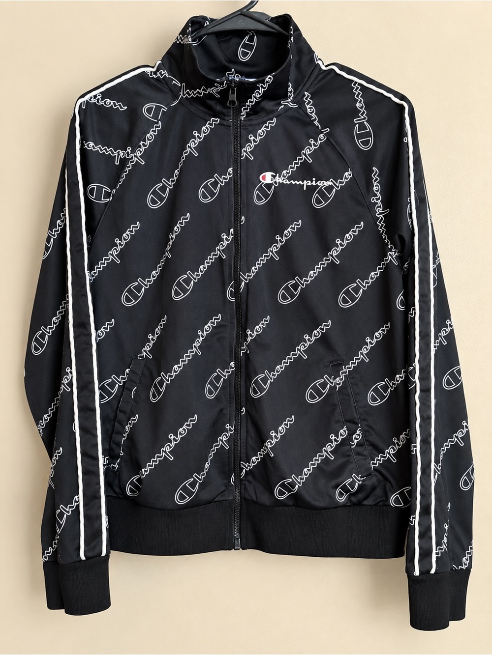 Champion All Over Print Track Jacket Sz M Black-White Script 90’s Y2K Retro Vibe